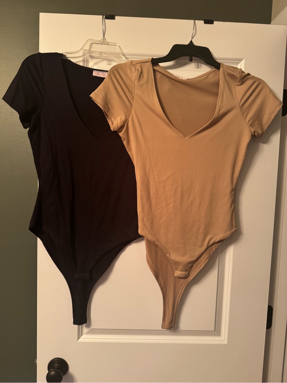 Pink Lily V-Neck Short Sleeve Bodysuit Duo in Black and Tan